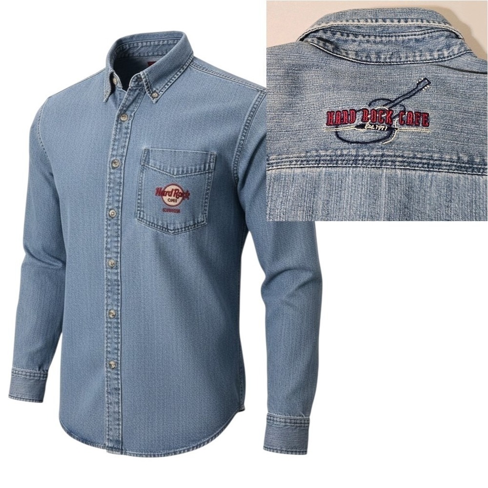 VTG Hard Rock Cafe Madrid 90s Denim Jean Button Up Shirt Size M‎ Jean